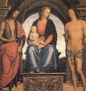 The Madonna and the Nino enthroned, with the Holy Juan the Baptist and Sebastian Pietro